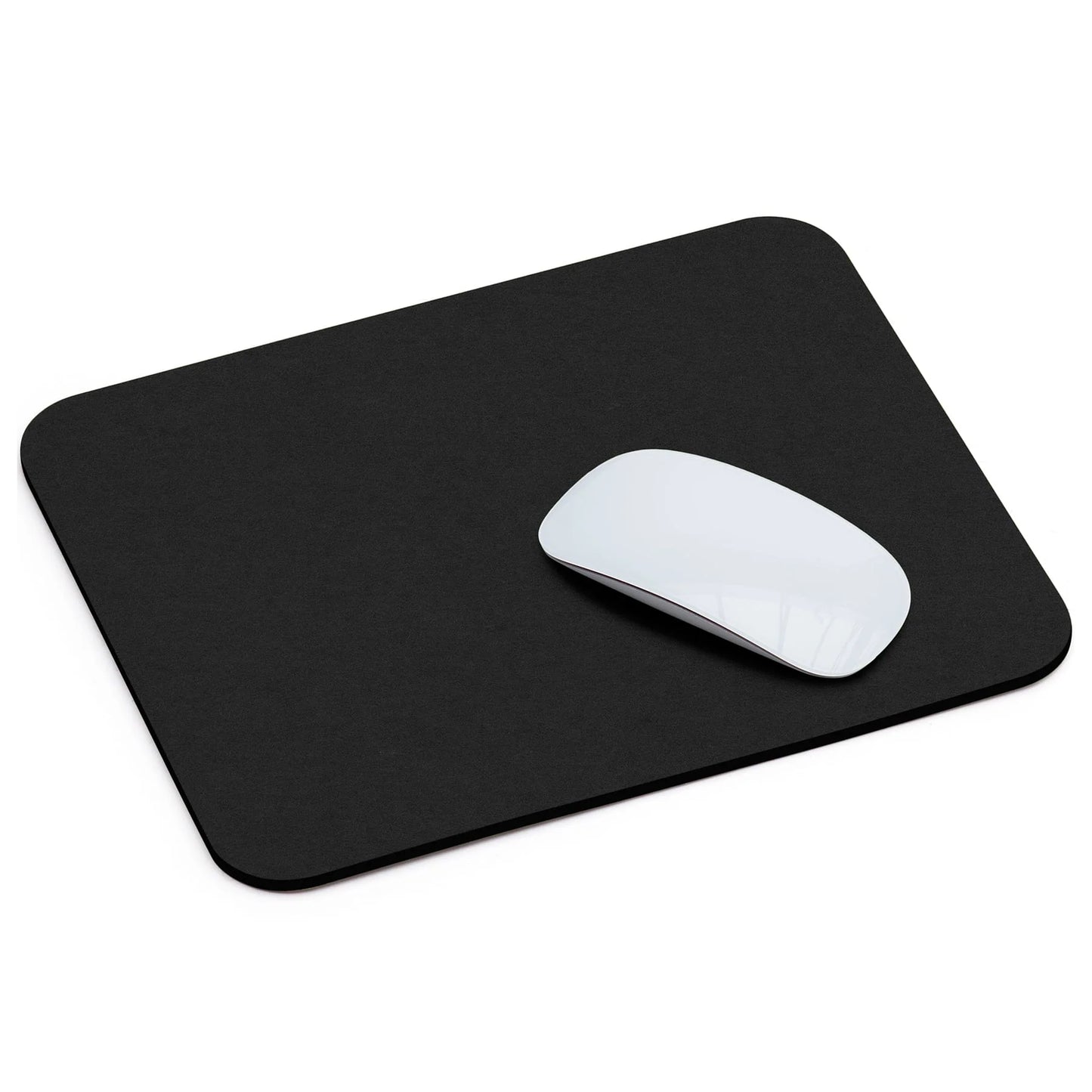 Black wool felt mouse pad with white wireless mouse on top
