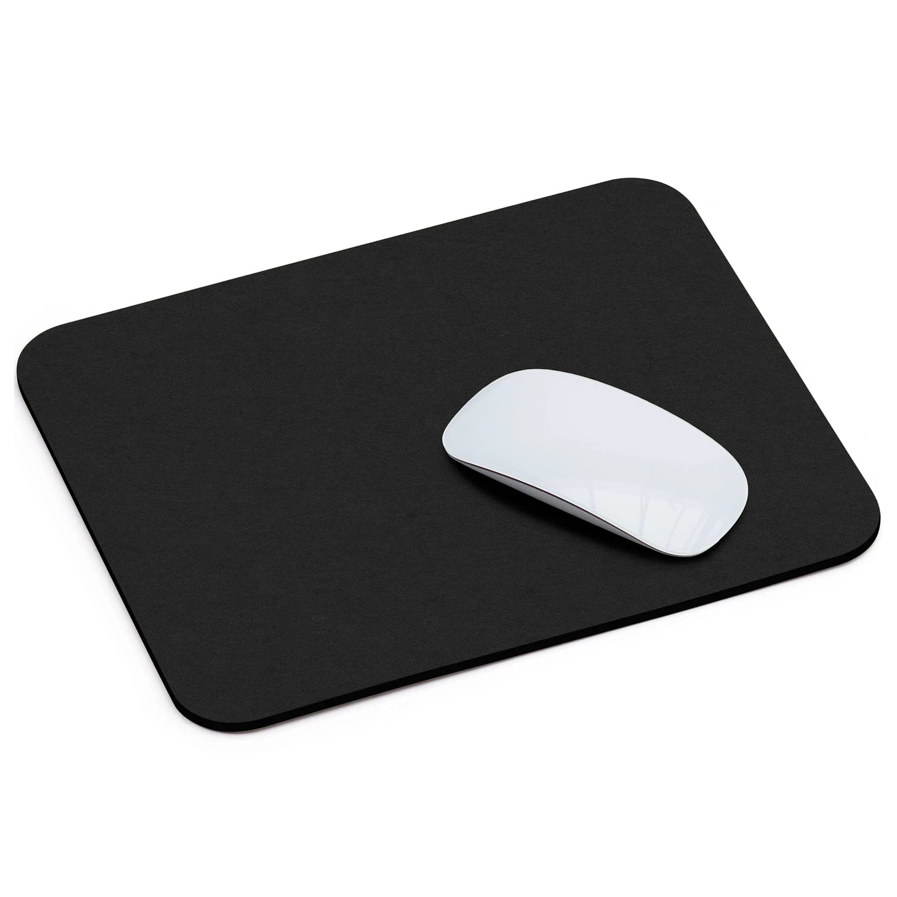 Black wool felt mouse pad with white wireless mouse on top