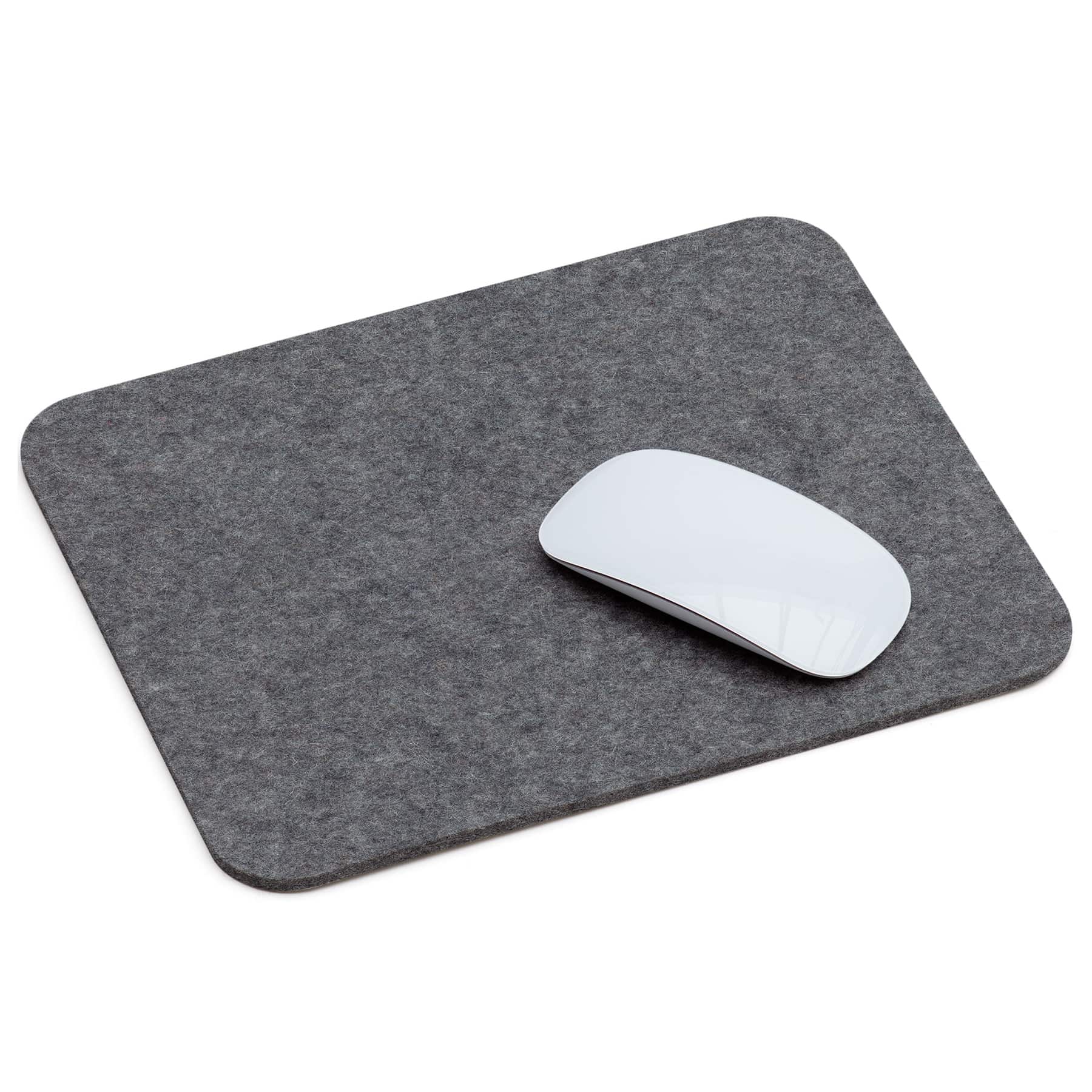 Grey wool felt mouse pad with white wireless mouse placed on top