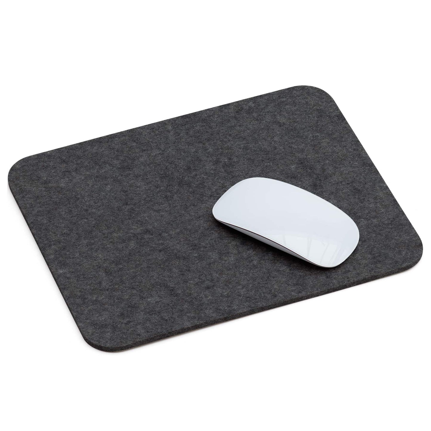 Dark grey wool felt mouse pad with white wireless mouse on top