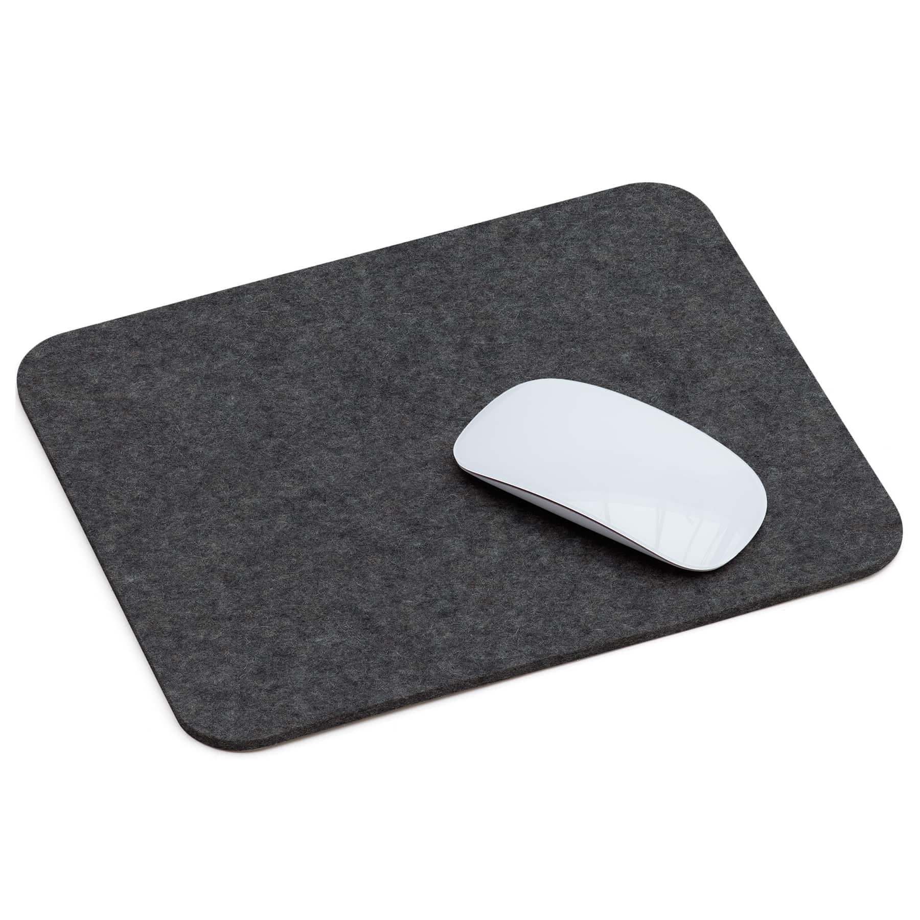 Dark grey wool felt mouse pad with white wireless mouse on top